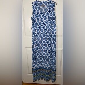 Jessica London Maxi Dress, Blue & White Geometric Pattern Size 12W, Bohemian